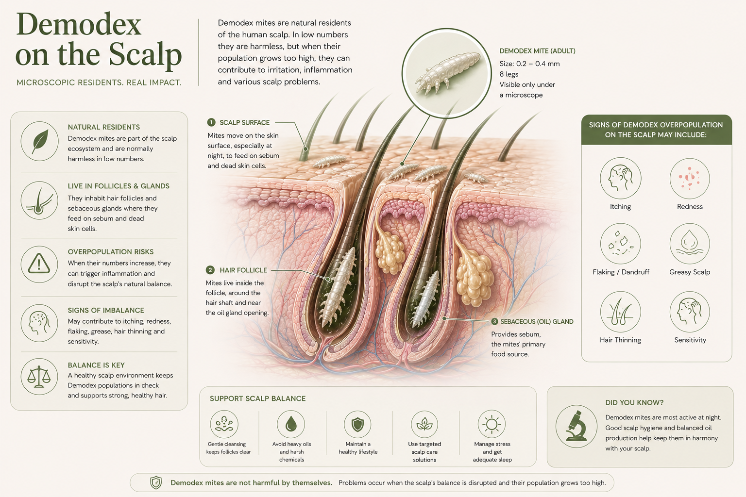 Illustration of Demodex on scalp hair follicles